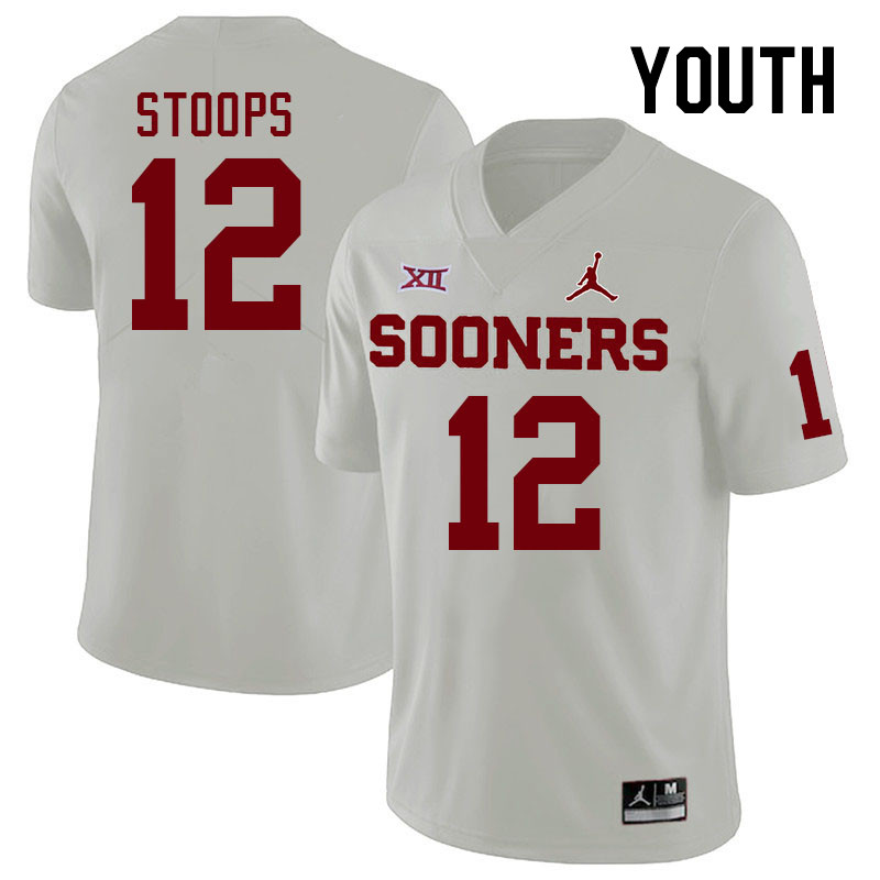Youth #12 Drake Stoops Oklahoma Sooners College Football Jerseys Stitched Sale-White - Click Image to Close